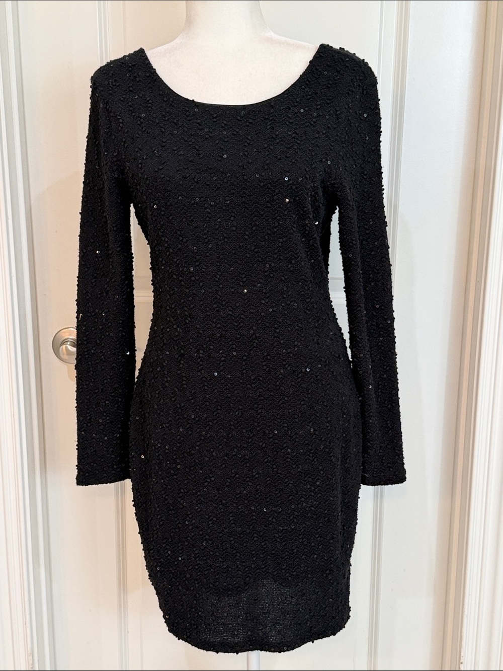 Black Sequin Long Sleeve Scoop Neck Sheath LBD Evening Dress